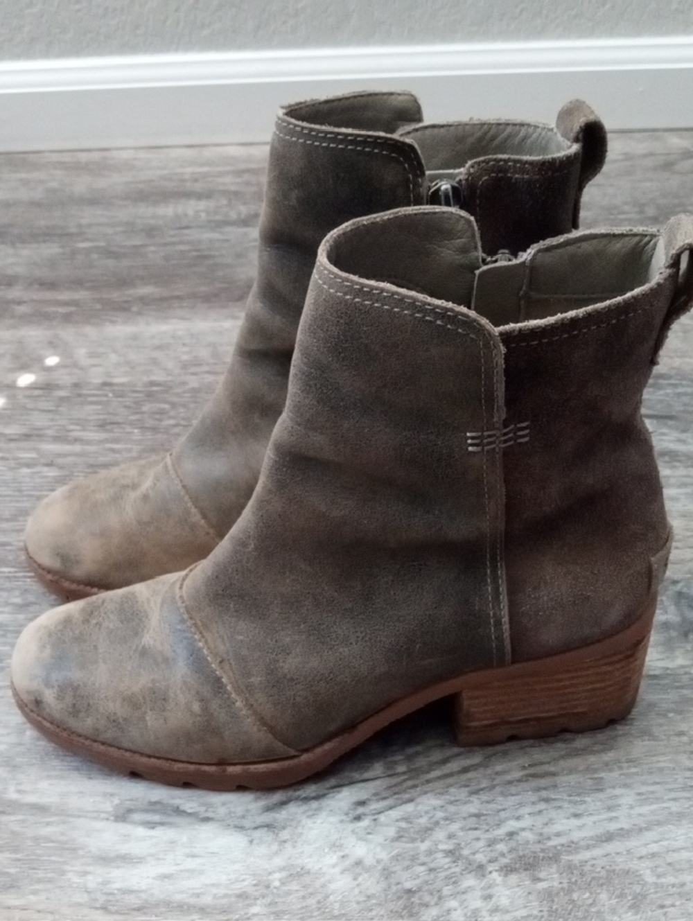 Sorel Taupe Suede Ankle Booties with Stacked Heel